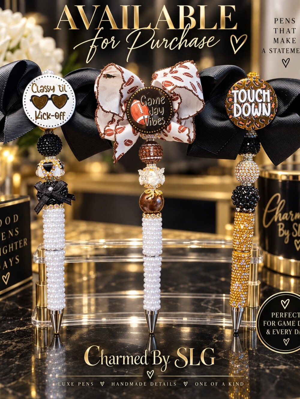 Beaded Game Day Pens - White, Black & Gold